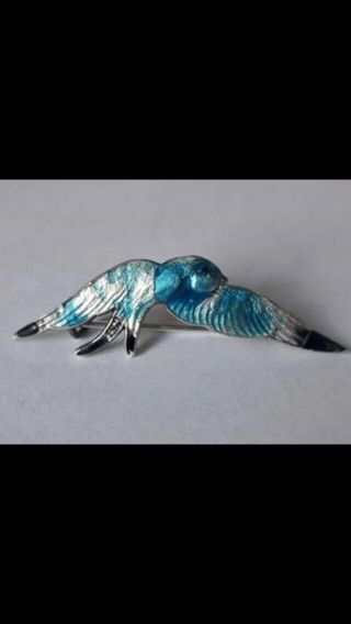 Antique Solid Silver And Blue Enamel Swallow Bird In Flight Brooch Pin