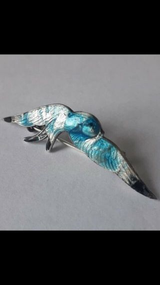 Antique Solid Silver And Blue Enamel Swallow Bird In Flight Brooch Pin 2