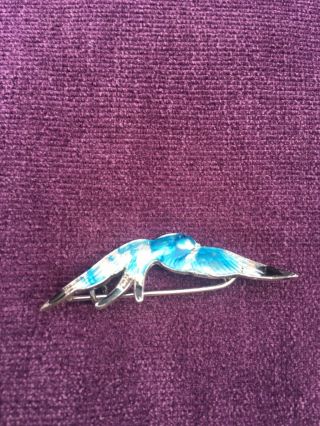 Antique Solid Silver And Blue Enamel Swallow Bird In Flight Brooch Pin 4