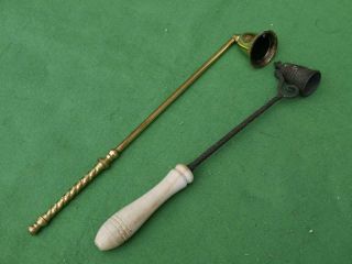 2 Candle Snuffers 1 Antique With Wooden Handle 1 Brass Vintage