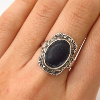 925 Sterling Silver Antique Uncas Mfg.  Real Marcasite & Black Jet Ring Size 8