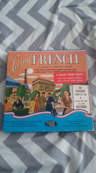 Vintage Living French Language Course 4 33 1/3 Rpm Vinyl Records 40 Lessons Book