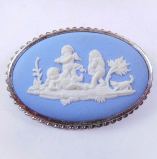 Large Antique/vintage Wedgwood Blue Jasperware Brooch Pin Sterling Silver