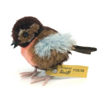 Steiff Woolen Song Bird 9cm 3.  5in Pink Wool Pom Poms Id Button Tag 1960s Vintage