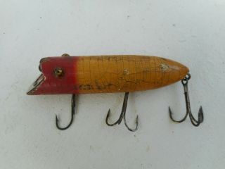 Vintage 4 " Heddon Dowagiac Basser Yellow Red Head Fishing Lure