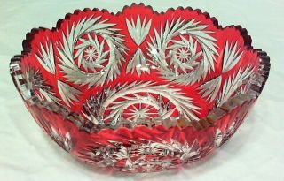 Vintage Large Ajka Cranberry Cut To Clear Glass Crystal Toothed 9 - 1/4 " Bowl T