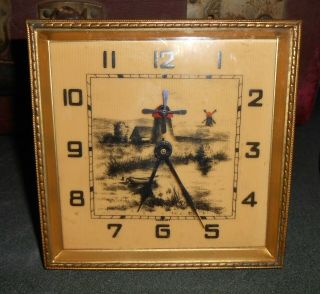 Antique Dutch Windmill Scene,  Made In Germany Celluloid Face 5 " Sq.  Shelf Clock