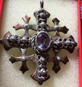 Stunning Silver antique victorian Jurusalem Cross Pendant With Amethyst Stone 5