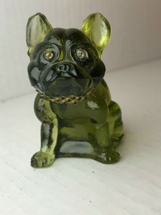 Antique Gree Glass French Bulldog Figurine - Rhinestone Eyes
