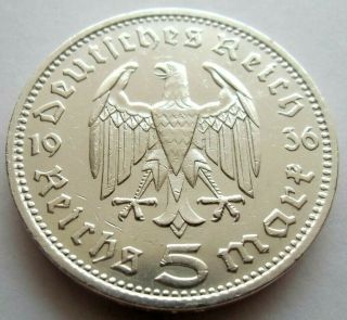 (940) Antique Wwii German 3rd Reich 1936 D 5 Reichsmark Silver Coin