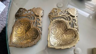 2 Vintage Ornate Brass Dish - Trinket - Coin - Dresser - Tray - Jewelry Heart & Flowers