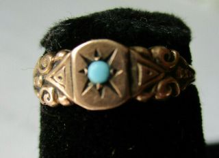 Antique Victorian 10k Gold Baby Ring Turquoise Accent Ornate Design Size 2