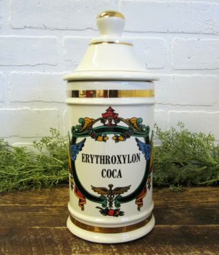 Vtg Apothecary Pharmacy Porcelain Canister Jar W/lid Erythroxylon Coca Cocaine