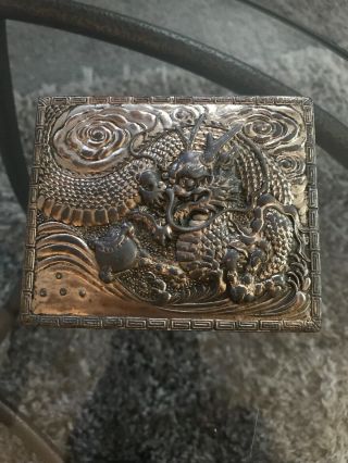 Vintage Asian Chinese Dragon Silver Tone Metal Wood Hinged Cigarette Trinket Box