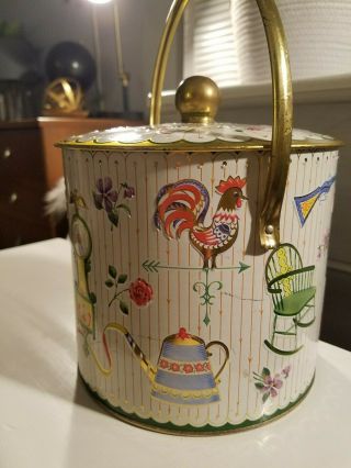 Vintage Round Biscuit Cookie Tin W/handle Rooster/farmhouse Made In England