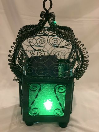 Antique Spanish Revival Hanging Wrought Iron Lantern With Glass Sides