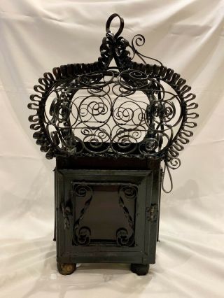 Antique Spanish Revival Hanging Wrought Iron Lantern With Glass Sides 2