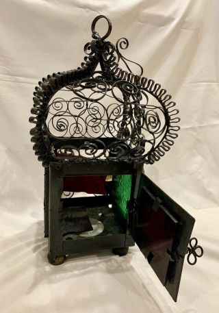 Antique Spanish Revival Hanging Wrought Iron Lantern With Glass Sides 3
