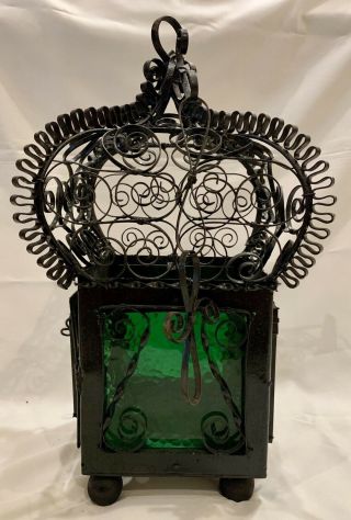 Antique Spanish Revival Hanging Wrought Iron Lantern With Glass Sides 4