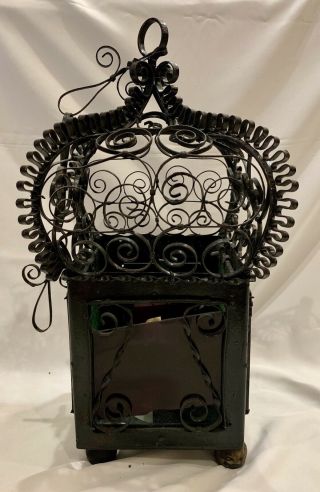 Antique Spanish Revival Hanging Wrought Iron Lantern With Glass Sides 5