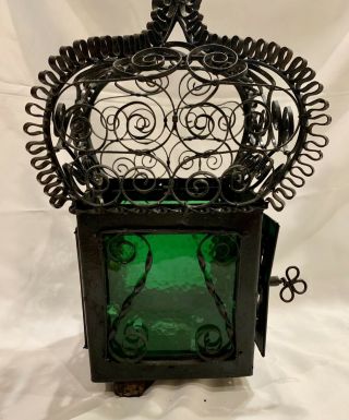 Antique Spanish Revival Hanging Wrought Iron Lantern With Glass Sides 6
