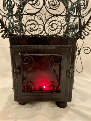 Antique Spanish Revival Hanging Wrought Iron Lantern With Glass Sides 7