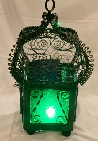 Antique Spanish Revival Hanging Wrought Iron Lantern With Glass Sides 8