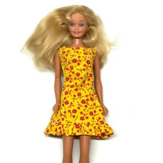 Vintage Barbie Doll Mattel Yellow Sun Dress W Red Flowers,  Zipper Back