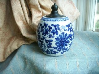 Old Antique Chinese Hand Painted Blue & White Lotus Flower Vase Jar C.  1890 Fine