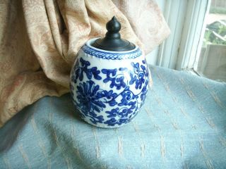 Old Antique Chinese Hand Painted Blue & White Lotus Flower Vase Jar c.  1890 Fine 2