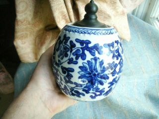 Old Antique Chinese Hand Painted Blue & White Lotus Flower Vase Jar c.  1890 Fine 7