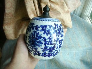 Old Antique Chinese Hand Painted Blue & White Lotus Flower Vase Jar c.  1890 Fine 8