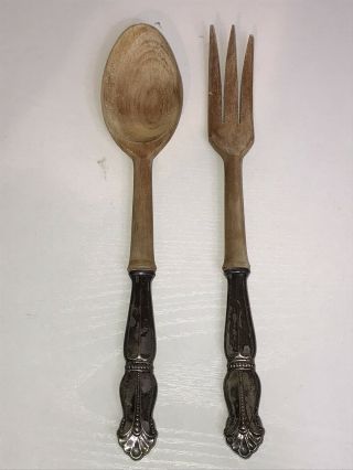 Vintage Sterling Silver Repousse Handles Serving Salad Fork & Spoon Wood 11