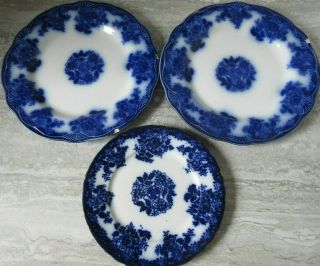 3 Antique Flow Blue Plates Wharf Pottery Waldorf Pattern 9 3/4 " & 7 3/4 "