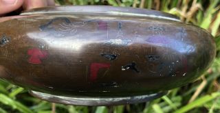 Antique Chinese Bronze Incense Burner Vase Bowl Silver Inlaid Red Lacquer Figure