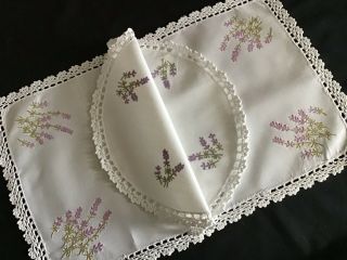 Pretty Vintage Embroidered Table Mats X 2 French Lavender/crochet Lace
