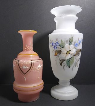 Antique Victorian Bristol Glass Vases Hand Painted Enamel 1890s