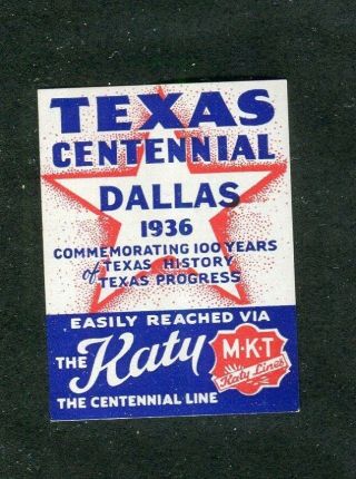 Vintage Poster Stamp Label 1936 Texas Centennial Railroad Mkt Katy Line