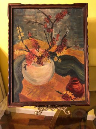 Vintage Oil Painting On Canvas Board In Antique Wood Frame 14”x18” Jennie Brown