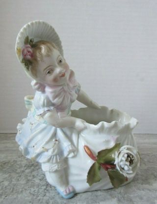 Antique German Bisque Porcelain Hand Painted Girl With Bonnet & Bag