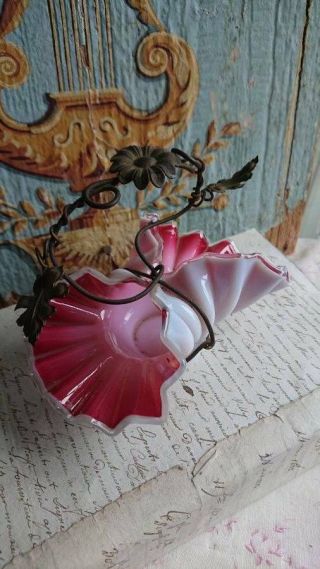 Charming Antique French Opaque Cranberry Blush & Gilded Glass Basket C1900
