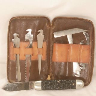 Utica Cutlery Co.  Single Blade Pocket Knife With 5 Tools & Tooled Leather Case