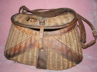 Vintage Wicker & Leather Fishing Creel Basket W/ Leather Straps