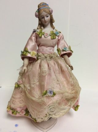 Vintage Parian And Jointed Wood Doll By Shackman Wearing Dress 10”