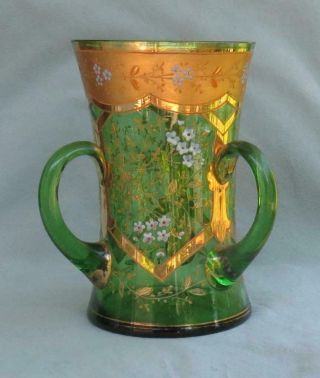 Fine Antique 3 Handled Loving Cup With Enamel & Gold Bohemian Moser