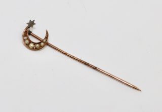 A Pretty Antique Victorian 9ct Rose Gold Pearl Crescent & Star Stickpin 13902