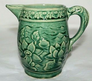 Antique Vintage Mccoy Pottery Green Pitcher Lily Pads Koi Pond Fish Handle 30