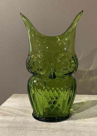 Vintage / Antique • Hand Blown Glass Owl • Figural Art Glass • Green • Vase