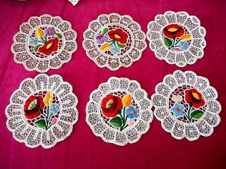 6 Small Hungarian Hand Embroidered Coaster Or Table Mat.