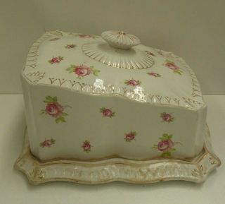 Antique Victorian Cheese Butter Dish Roses Pottery Stoke Trent Staffordshire